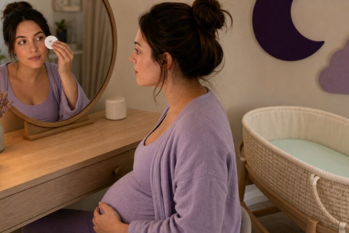 A pregnant woman calmly notices one loose eyelash on a cotton pad beside an empty bare bassinet.