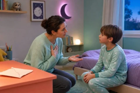 Remorseful parent kneeling with an open hand while speaking calmly to a son in mint pajamas beside his low bed