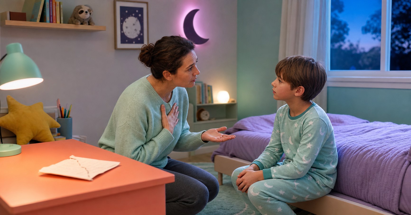 Remorseful parent kneeling with an open hand while speaking calmly to a son in mint pajamas beside his low bed