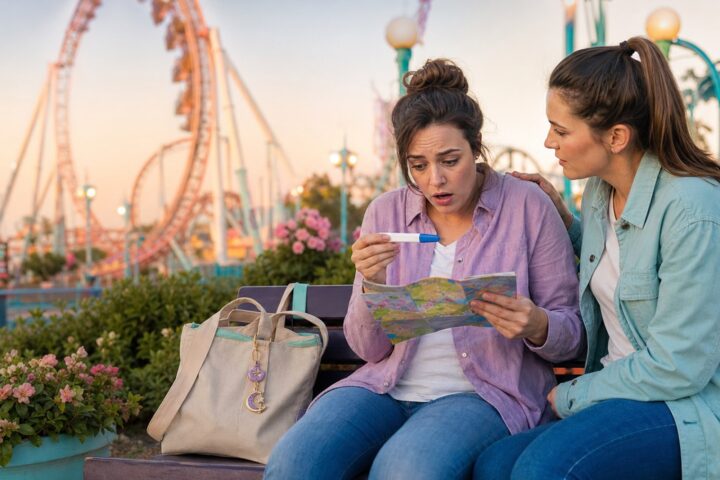 Surprised woman looks at a home pregnancy test beside a supportive friend with a roller coaster behind them.