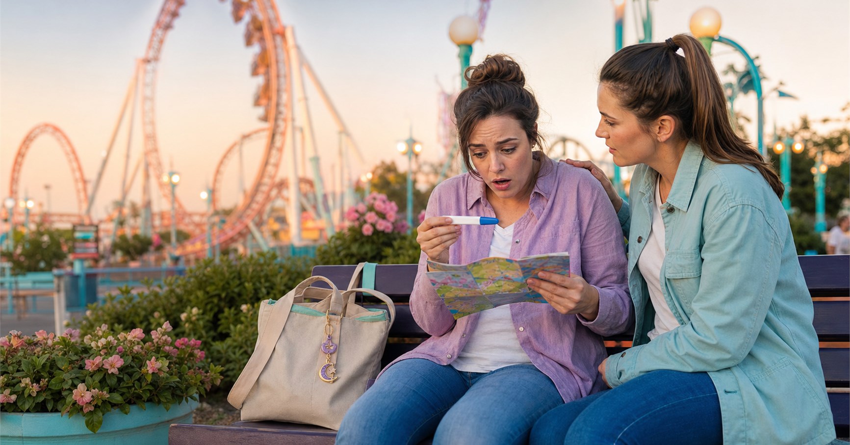 Surprised woman looks at a home pregnancy test beside a supportive friend with a roller coaster behind them.