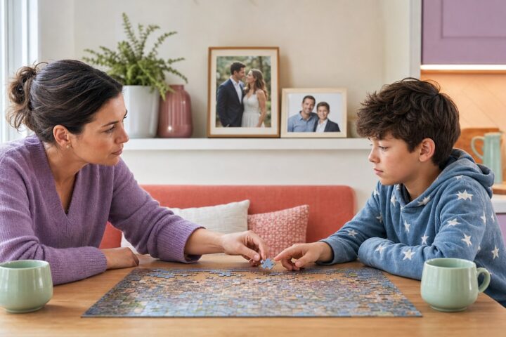Guarded woman and preteen boy reach toward one puzzle piece at a kitchen table with blended-family photos behind them.