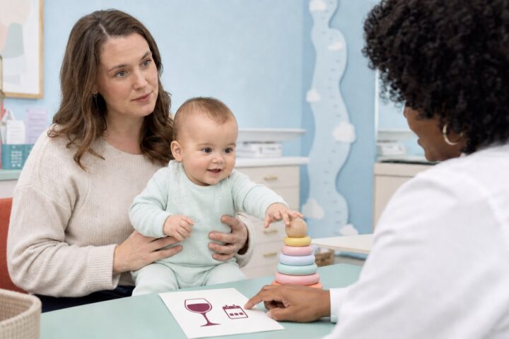 Mother holds her alert baby while a pediatrician points to a wine-glass icon on an intake card.