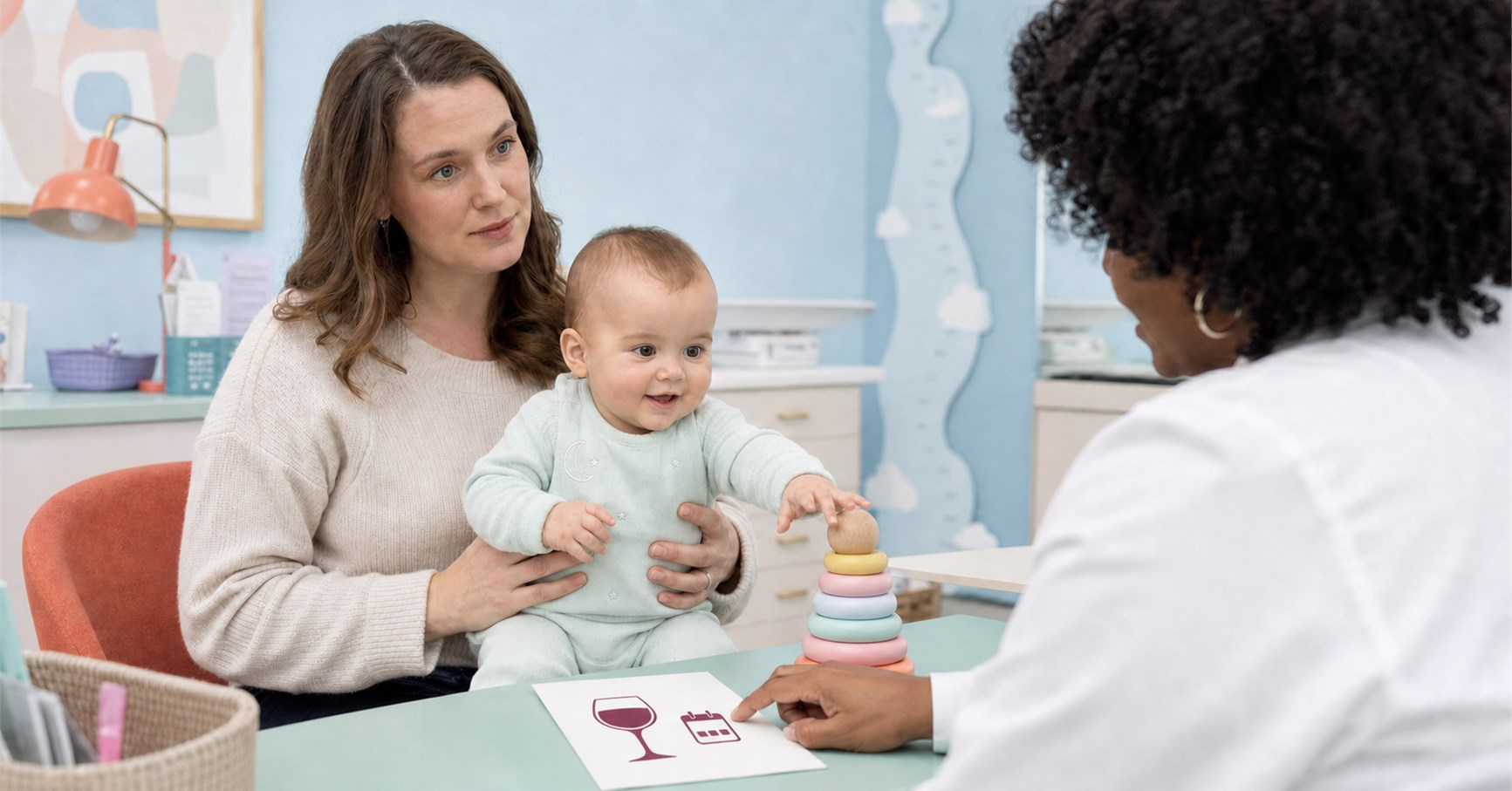 Mother holds her alert baby while a pediatrician points to a wine-glass icon on an intake card.