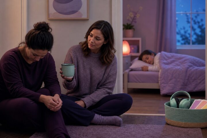 Exhausted parent sitting on a hallway floor while a trusted adult offers quiet support outside a sleeping child's room