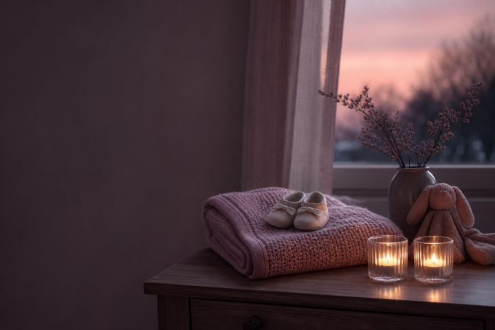 Two candles and tiny keepsakes on a bedside table at dusk