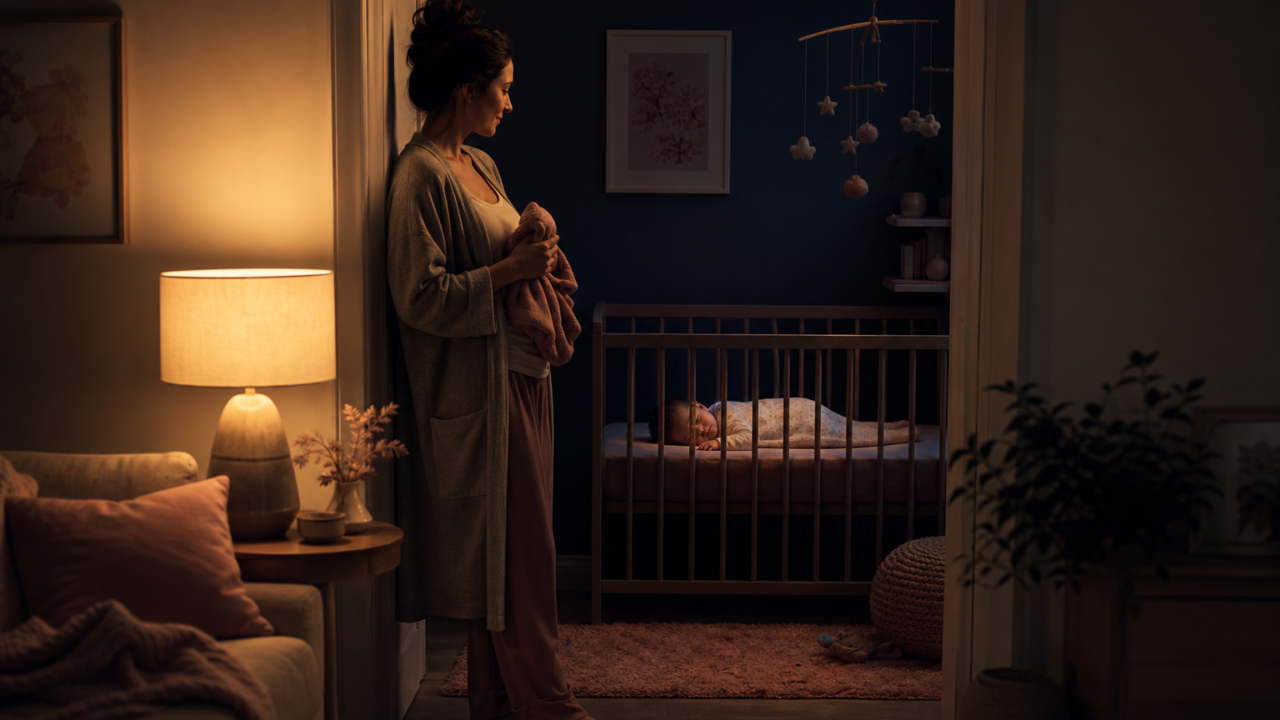 Parent standing in a doorway holding a baby blanket while watching a sleeping baby in a crib