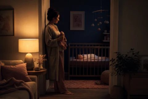 Parent standing in a doorway holding a baby blanket while watching a sleeping baby in a crib