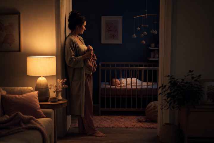 Parent standing in a doorway holding a baby blanket while watching a sleeping baby in a crib