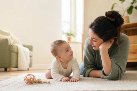 Mother and baby making eye contact on a soft play mat in warm daylight