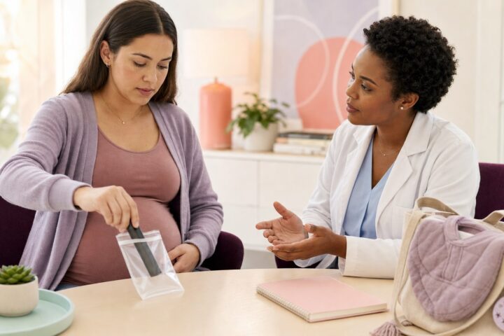 Pregnant woman places an unbranded vape device into a clear pouch while a clinician listens.