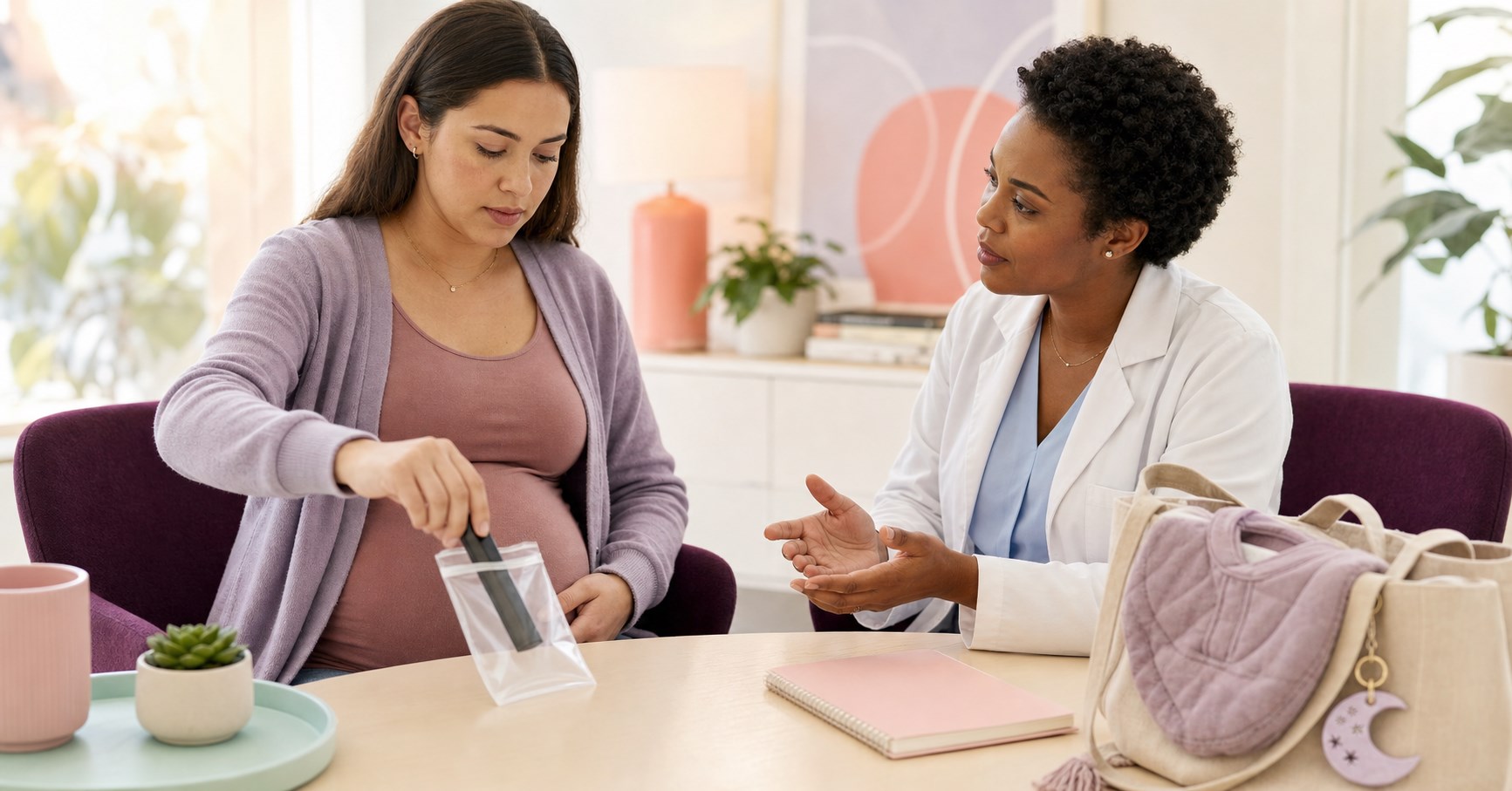 Pregnant woman places an unbranded vape device into a clear pouch while a clinician listens.