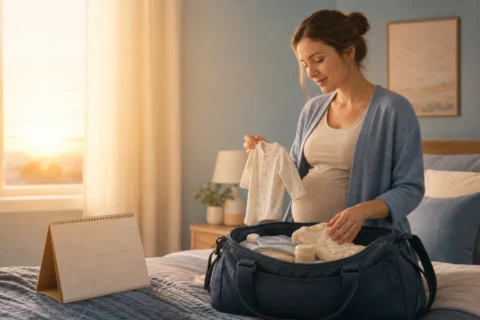 Pregnant parent holding a baby onesie beside a packed hospital bag