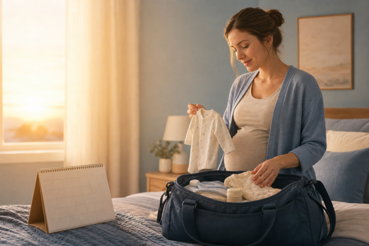 Pregnant parent holding a baby onesie beside a packed hospital bag