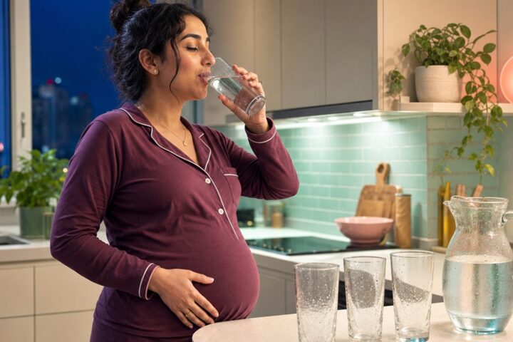Pregnant woman in plum pajamas drinks water beside three empty glasses and a chilled pitcher in a mint kitchen at night.
