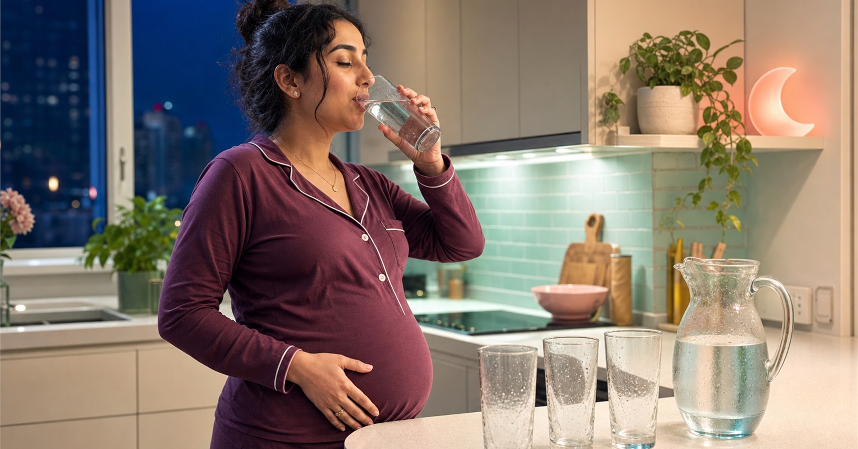 Pregnant woman in plum pajamas drinks water beside three empty glasses and a chilled pitcher in a mint kitchen at night.