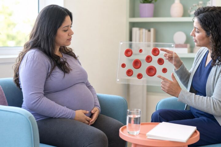 Pregnant woman listens as a prenatal clinician points to red blood cell models in a clear teaching panel.