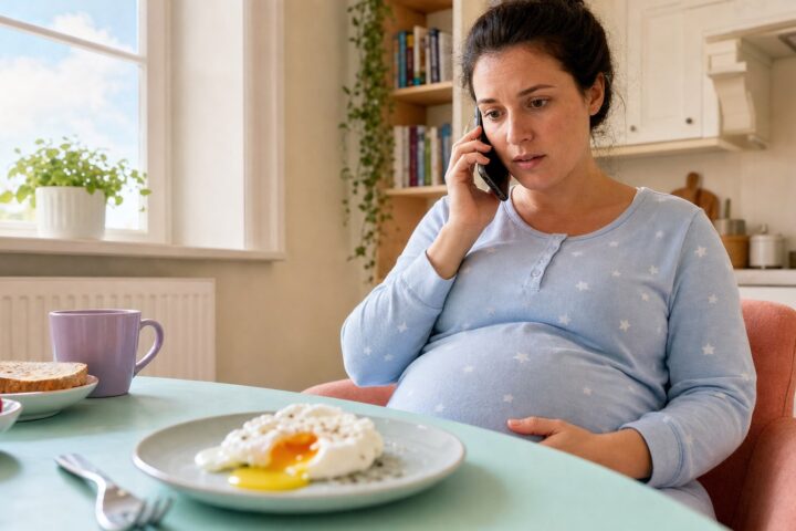 Pregnant woman in star pajamas calls for advice beside a breakfast plate with a soft-yolk egg.