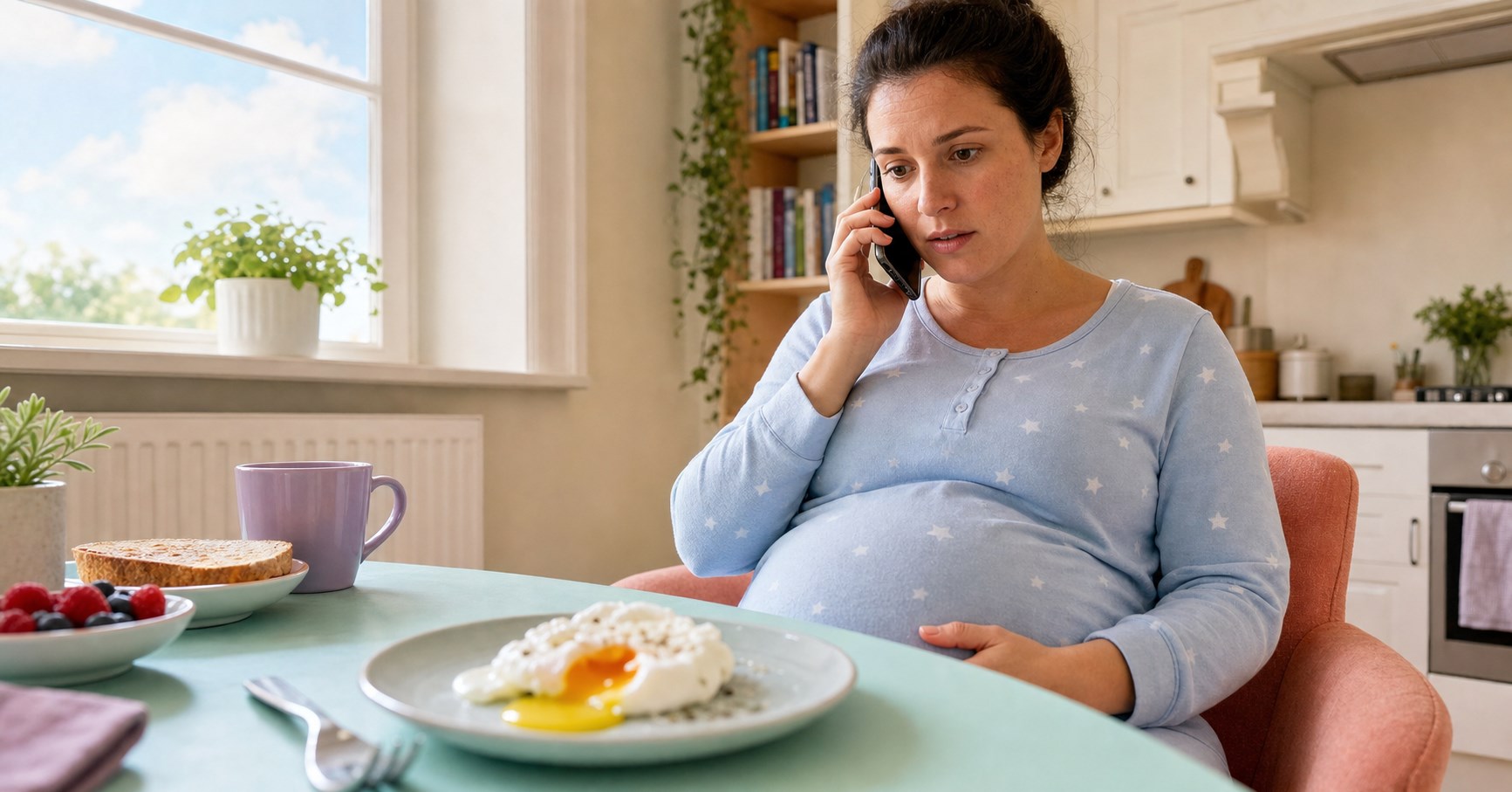 Pregnant woman in star pajamas calls for advice beside a breakfast plate with a soft-yolk egg.