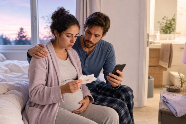 Pregnant woman in a robe looks at a tissue with a small pale pink spot while her partner supports her and holds a phone.