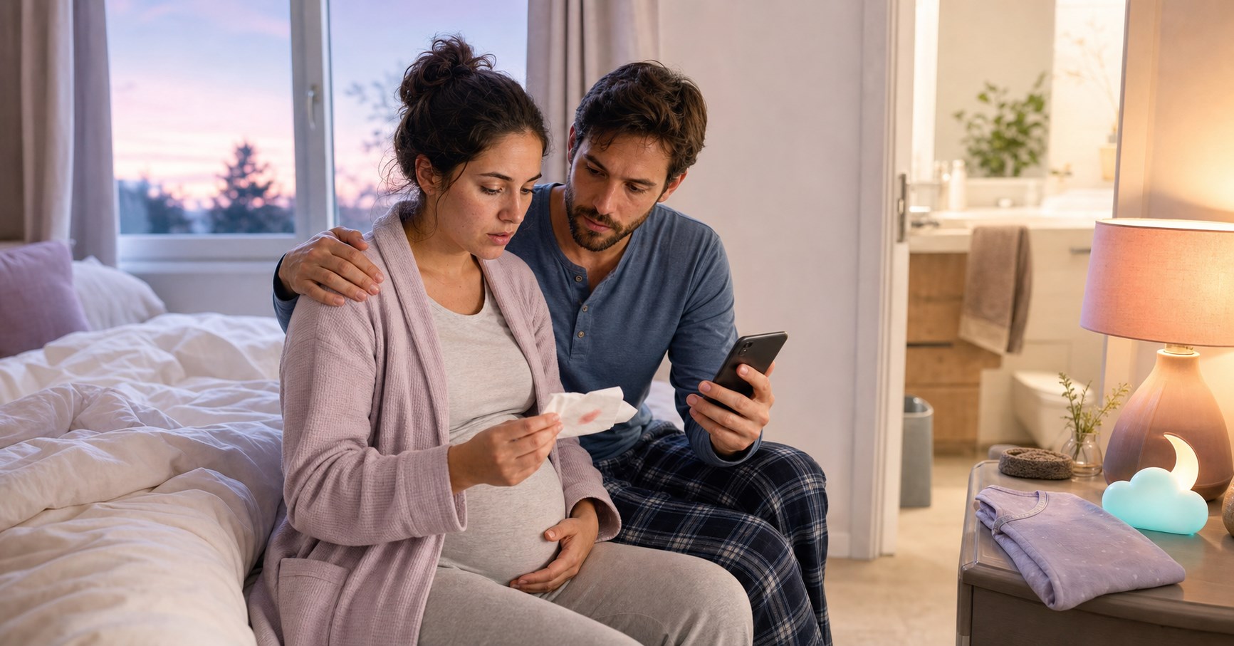 Pregnant woman in a robe looks at a tissue with a small pale pink spot while her partner supports her and holds a phone.