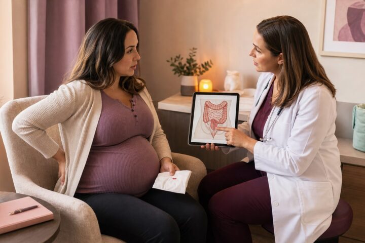 Pregnant woman shows a faint blood spot on tissue while a clinician points to a digestive diagram during a private consultation.