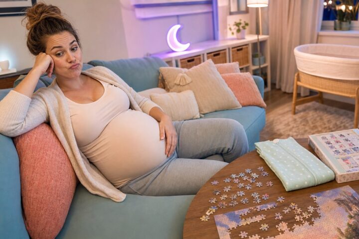 Pregnant woman looks playfully bored on a blue sofa beside a jigsaw puzzle and folded baby sleep sack.
