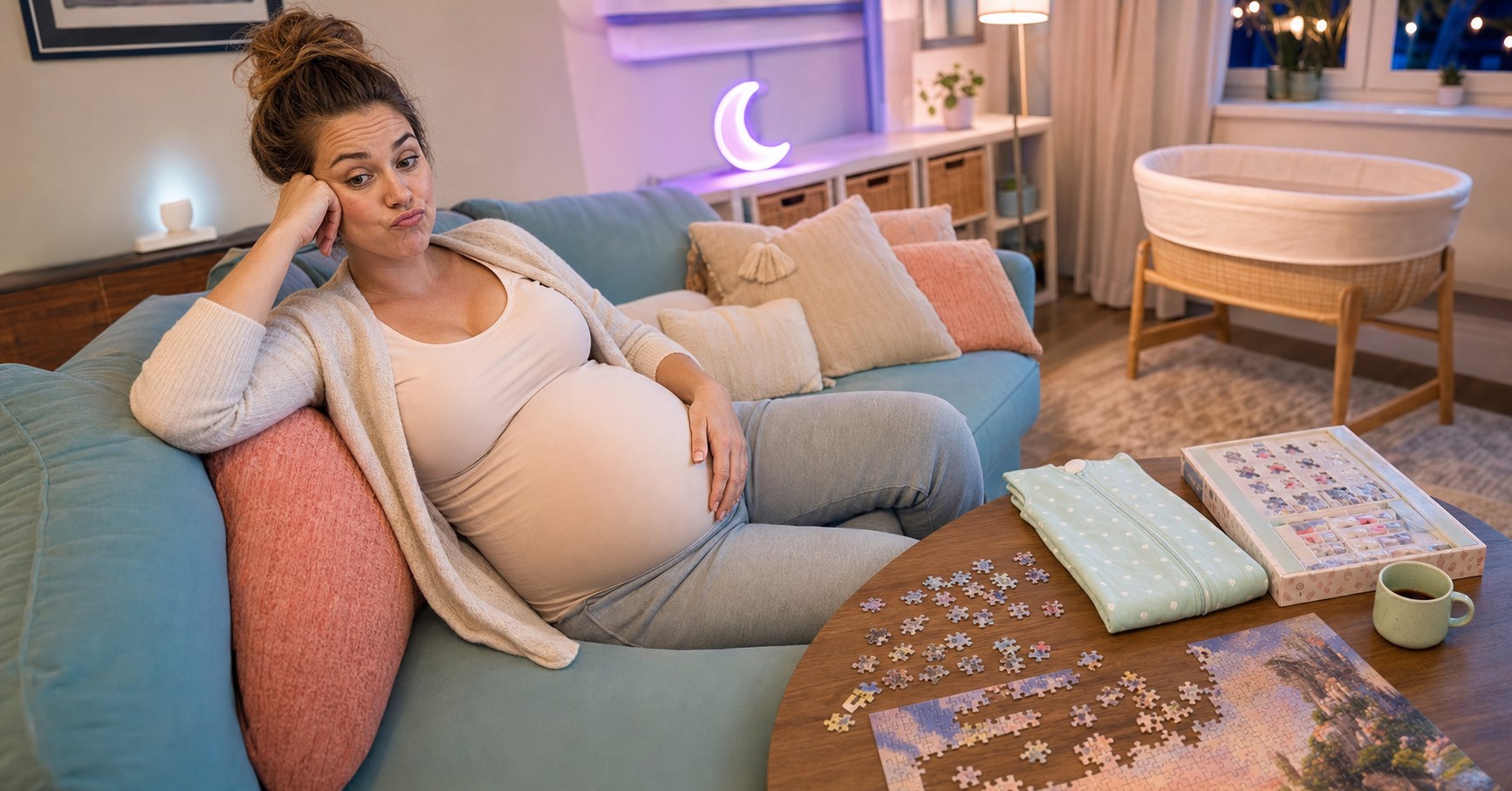 Pregnant woman looks playfully bored on a blue sofa beside a jigsaw puzzle and folded baby sleep sack.