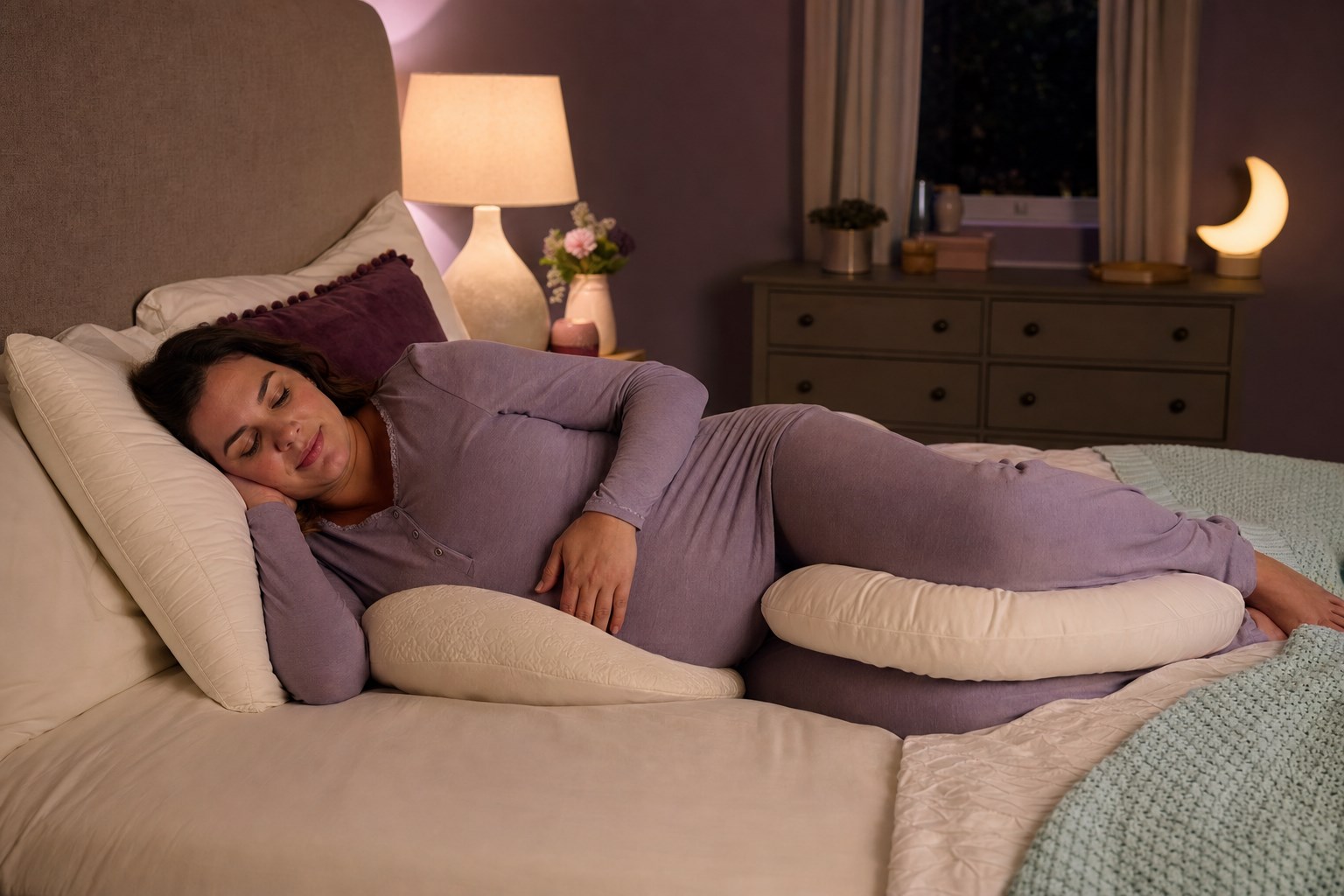 Pregnant woman awake on her side with pillows supporting her bump and knees in a softly lit bedroom.