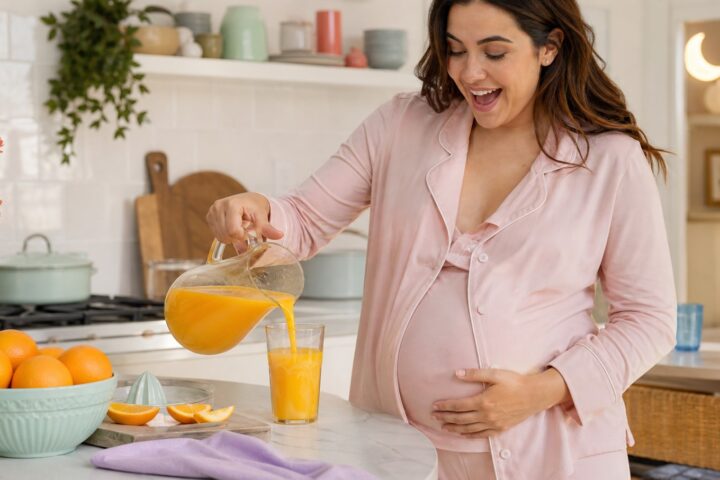 Pregnant woman in pink pajamas happily pours orange juice beside a bowl of fresh oranges.