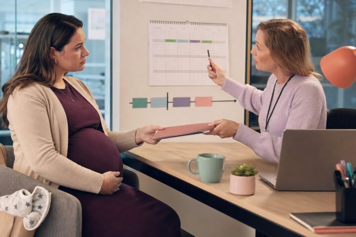 Pregnant employee receives a leave folder while an HR adviser points to a short workplace timeline.