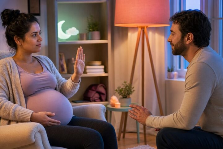 Pregnant woman sitting in an armchair raising her palm toward a partner who stops at a respectful distance.