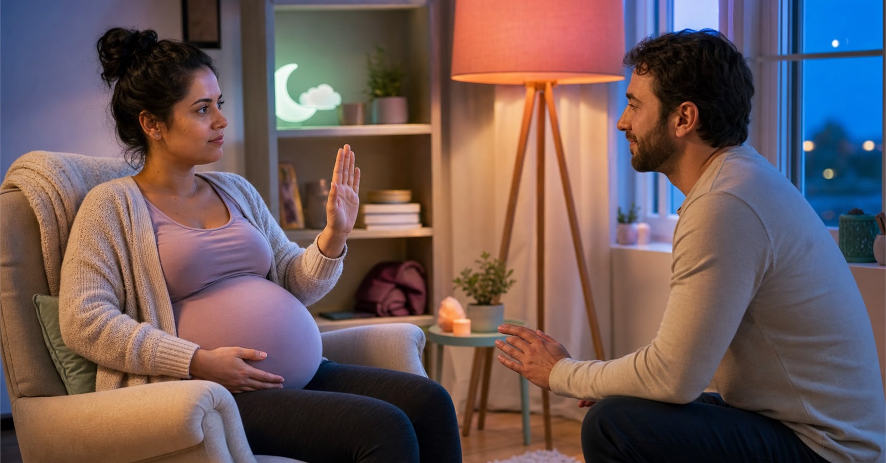 Pregnant woman sitting in an armchair raising her palm toward a partner who stops at a respectful distance.