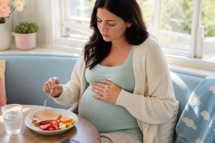 Pregnant woman holding her stomach and lowering a fork beside a small plate of toast and fruit.