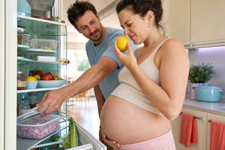 Pregnant woman wrinkles her nose while holding a lemon as her partner closes a container of chopped onions in the open refrigerator.