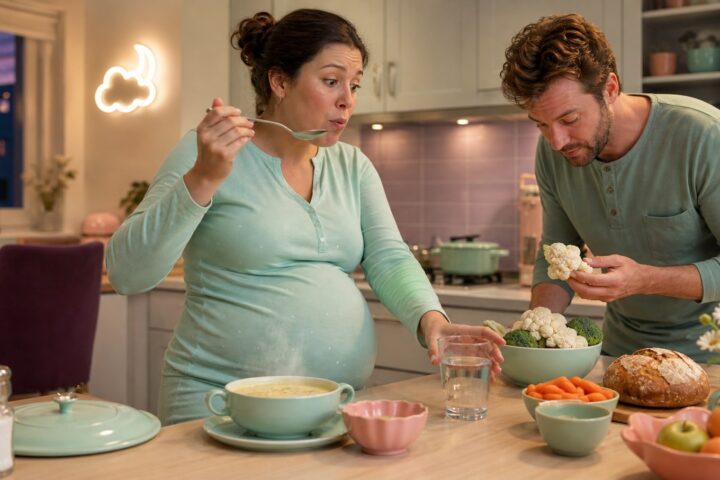 Pregnant woman in mint pajamas reacts to soup tasting salty while reaching for water as her partner checks fresh ingredients.