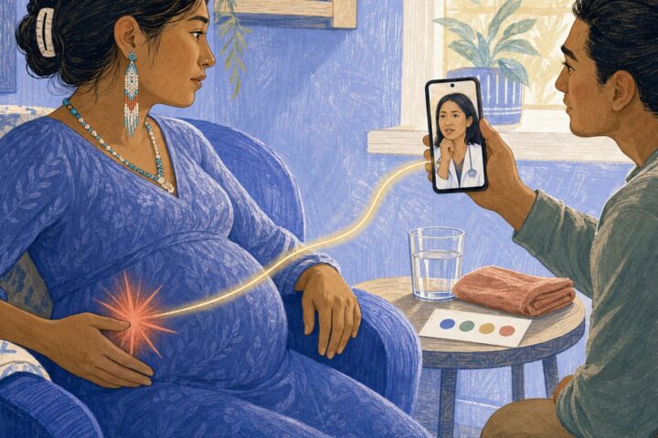 A pregnant woman supports her lower abdomen beside a coral pain symbol as her partner holds a phone with a healthcare professional on screen.