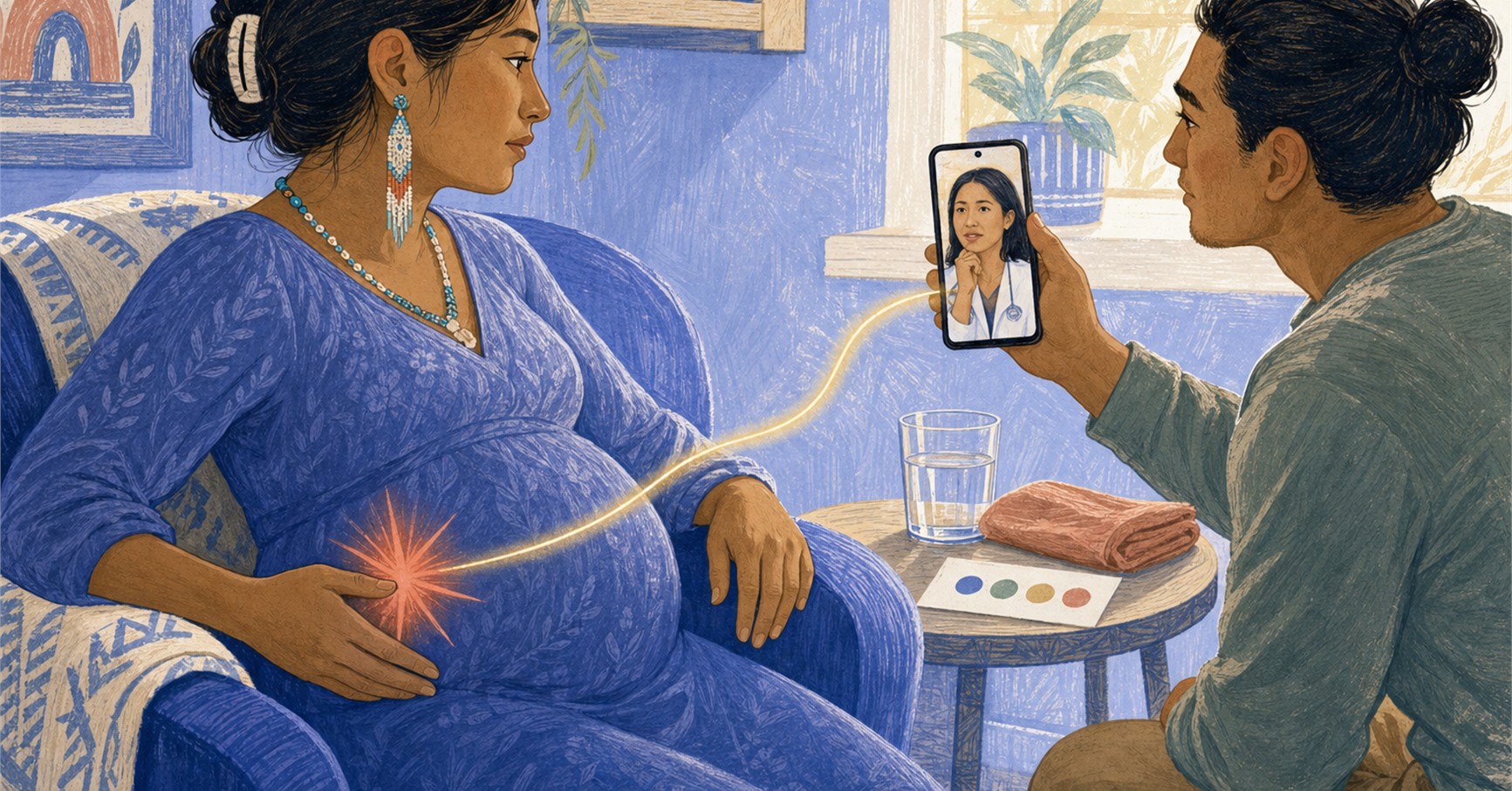 A pregnant woman supports her lower abdomen beside a coral pain symbol as her partner holds a phone with a healthcare professional on screen.