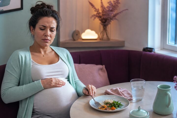 Pregnant woman rests a hand on her upper belly beside a small partly eaten meal at a plum banquette.