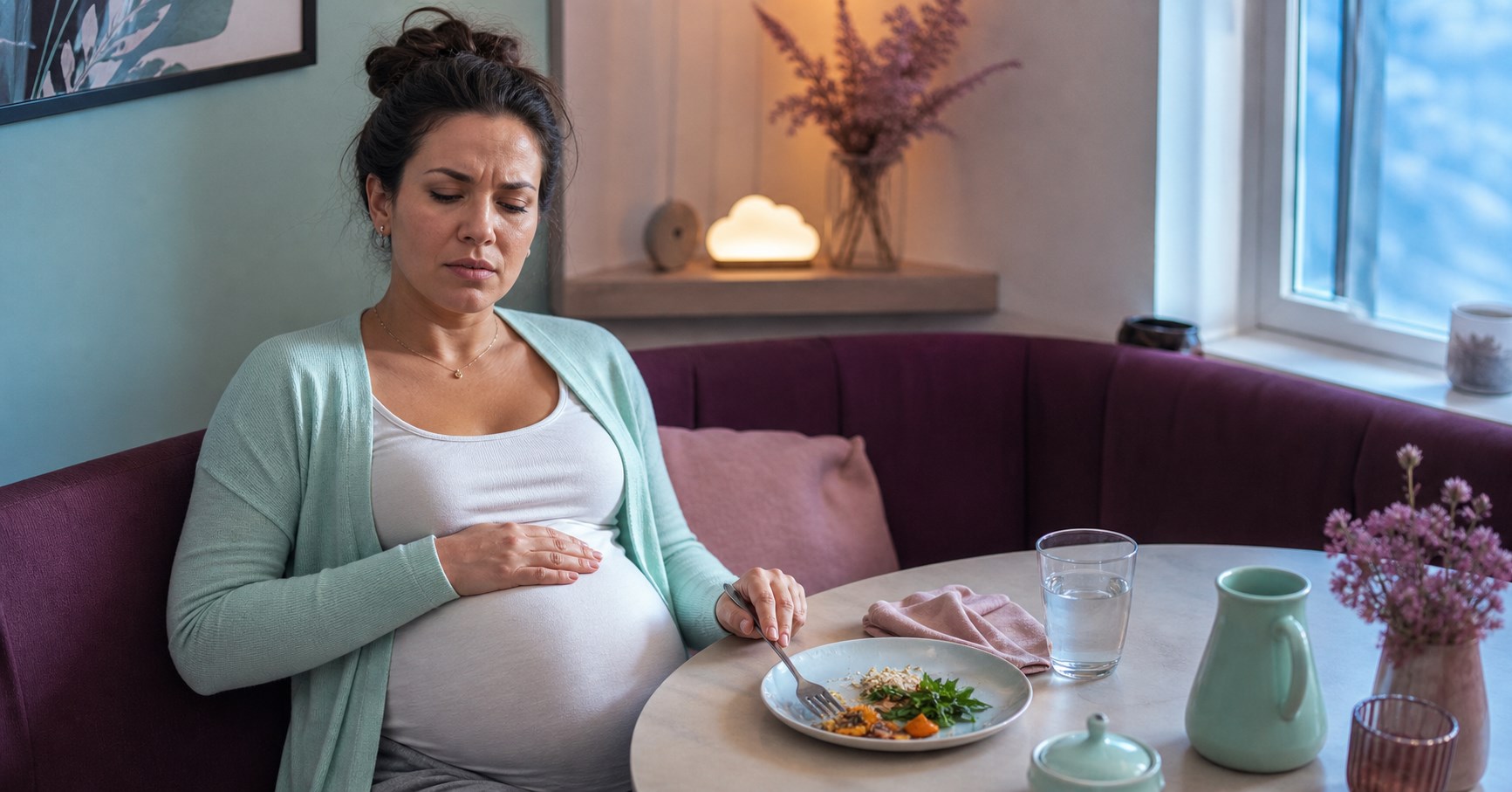 Pregnant woman rests a hand on her upper belly beside a small partly eaten meal at a plum banquette.