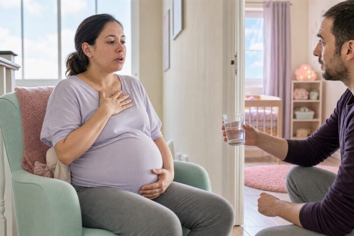 A pregnant woman sits upright with one hand on her chest and one on her belly while her partner offers water.