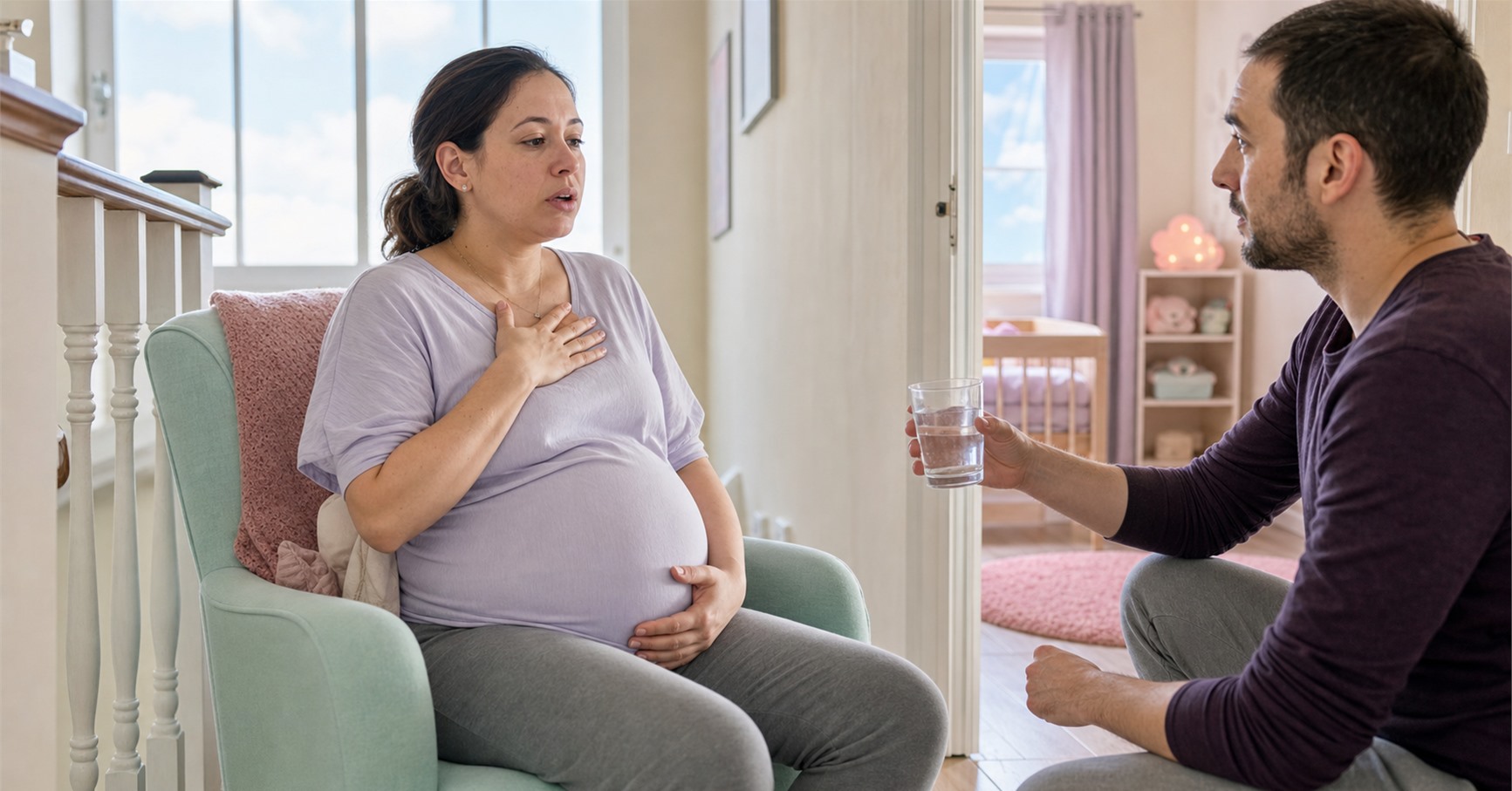 A pregnant woman sits upright with one hand on her chest and one on her belly while her partner offers water.