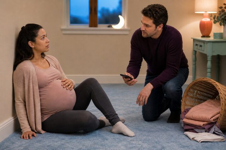 Pregnant woman sits on a blue rug beside a tipped laundry basket while her partner kneels with a phone.