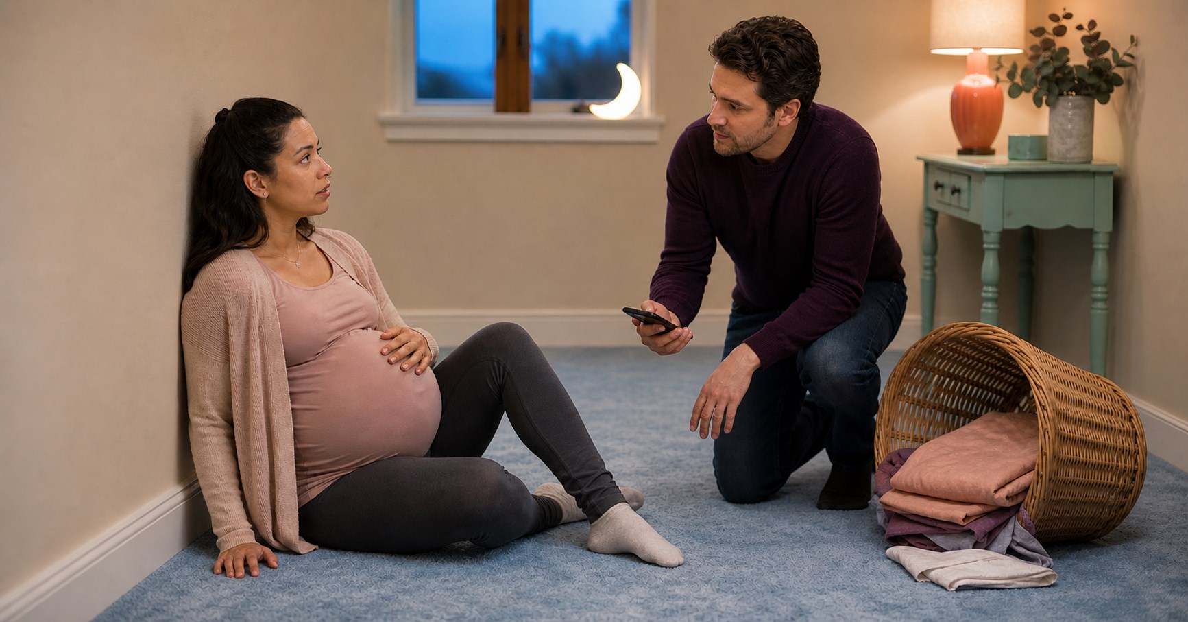 Pregnant woman sits on a blue rug beside a tipped laundry basket while her partner kneels with a phone.