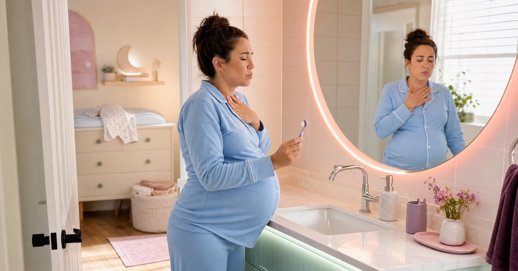 Pregnant woman in blue pajamas pauses with her toothbrush at the bathroom sink and rests one hand on her upper chest.