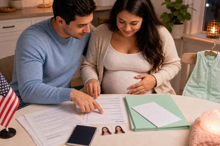 Pregnant woman and her partner review immigration forms beside a passport, green folder, and small American flag.