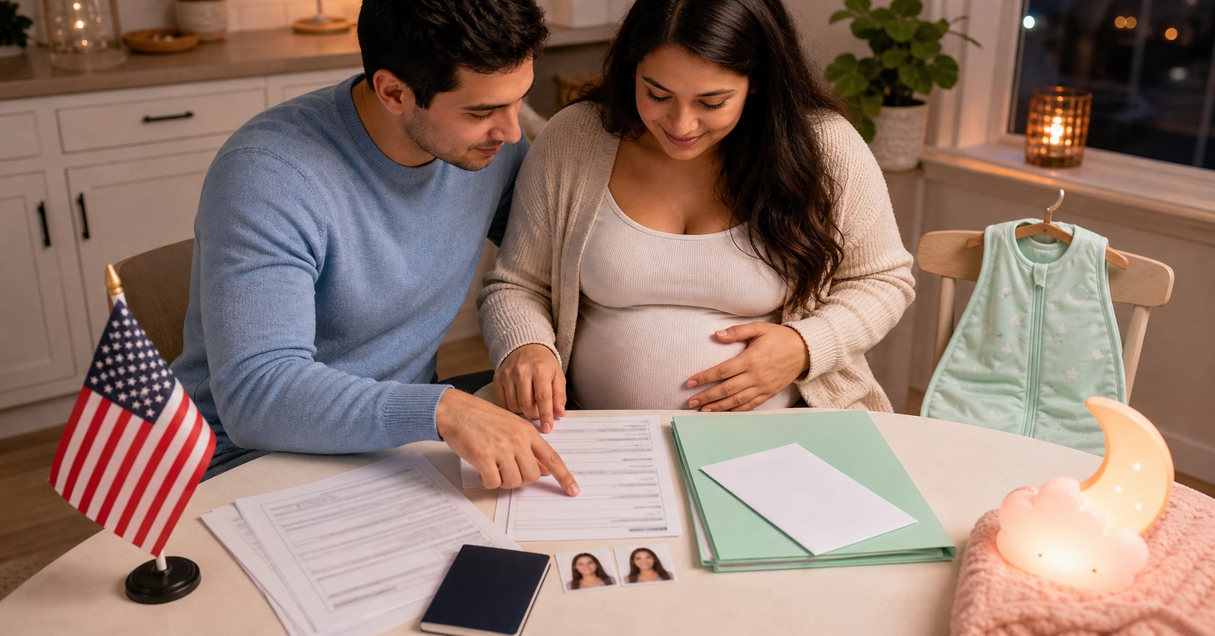 Pregnant woman and her partner review immigration forms beside a passport, green folder, and small American flag.