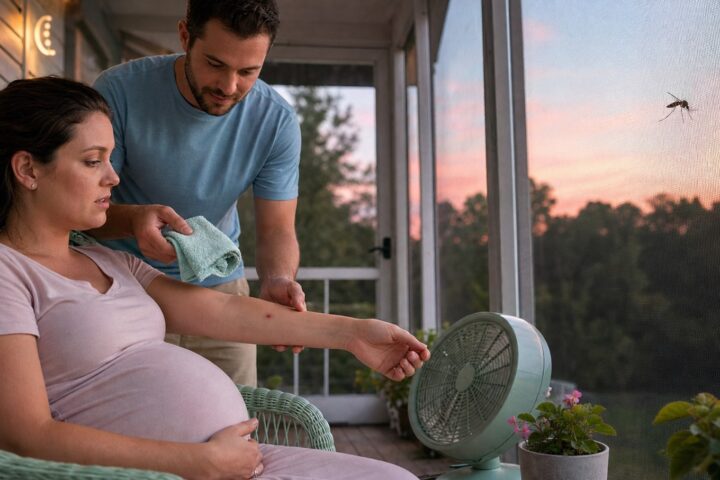A pregnant woman examines a small mosquito bite on her forearm as her partner offers a cool cloth on a screened porch.