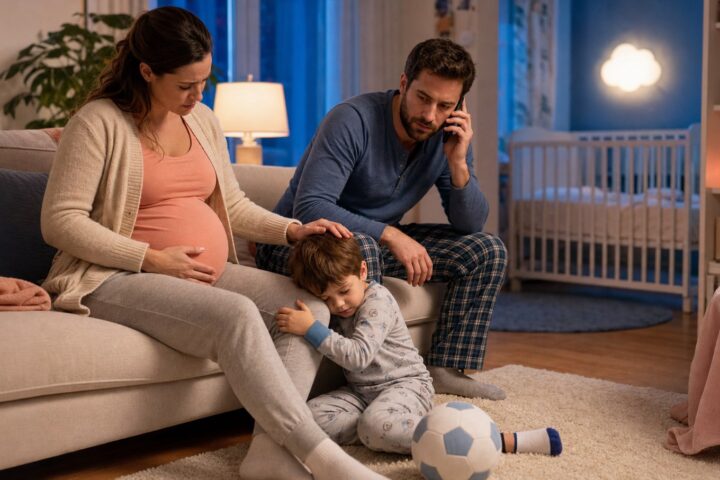Pregnant woman holds her belly while a pajama-clad child hugs her knee beside a soft soccer ball and her partner makes a phone call.