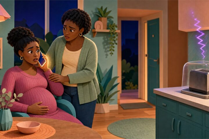 Pregnant woman calls for help as her partner supports her beside an unplugged toaster isolated under a clear cover with a fading violet glimmer.